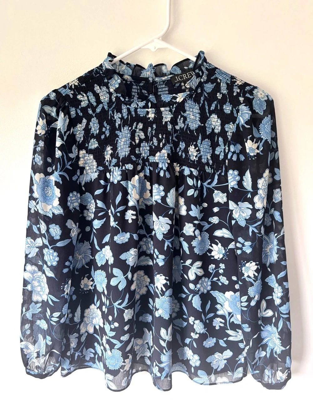 J.Crew Ruffle Neck Chiffon Top Midnight Blue Black Floral Pattern Smocked Ruffle